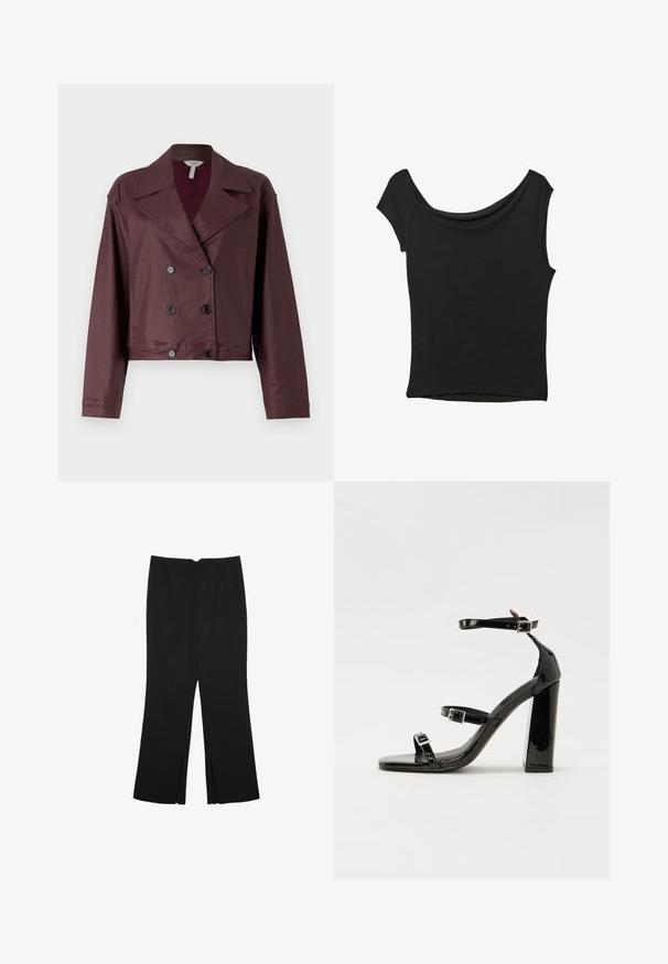 Giacca cropped doppiopetto in tessuto bordeaux scuro. Presenta un colletto classico, chiusura con bottoni e maniche lunghe con una texture liscia.; Top nero a maniche corte realizzato in tessuto liscio; presenta un colletto drappeggiato e un orlo asimmetrico, con una vestibilità aderente.; Pantaloni neri a gamba dritta, con tasche frontali e spacchi laterali all'orlo. Realizzati in tessuto morbido e liscio. Adatti a diverse occasioni.; Sandali con tacco in vernice nera, con punta squadrata, cinturini alla caviglia e fibbie in argento. Presentano un tacco a blocco spesso per maggiore stabilità.