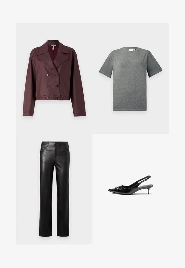 Jachetă scurtă cu două rânduri de nasturi dintr-un fabrică de culoare prune închis. Dispune de un guler clasic, închidere cu nasturi și mâneci lungi cu o textură fină.; Tricou gri cu mânecă scurtă fabricat dintr-un amestec de bumbac moale. Gât rotund, croi lejer cu o textură netedă și un design minimalist.; Pantaloni din piele neagră cu croială dreaptă, prevăzuți cu închidere cu nasture și buzunare la față. Textură netedă cu detalii de cusătură subtile.; Cizme slingback din piele neagră, cu vârf ascuțit, toc mic de tip kitten heel și un detaliu decorativ sub formă de nod în față. Textură netedă pe întreaga suprafață.