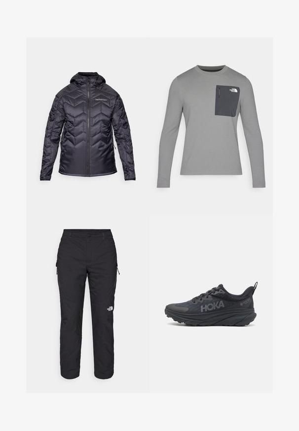 Čierna zateplená bunda s tvarovaným vzorom, so zipsom vpredu a kapucňou. Má elastické manžety a bočné vrecká. Hladká, lesklá textúra.; Dlhý rukáv šedá košeľa s textúrovanou tkaninou, s tmavošedou náprsní kapsou a zipsom. Logo na kapse v bielej farbe.; The North Face WINTER EXPLORATION TAPERED CARGO - Outdoorové nohavice - black; Čierne bežecké topánky Hoka s vrchným materiálom z mesh, textúrovanými detailmi a hrubou, polstrovanou podrážkou so zúženými okrajmi pre lepšiu podporu.