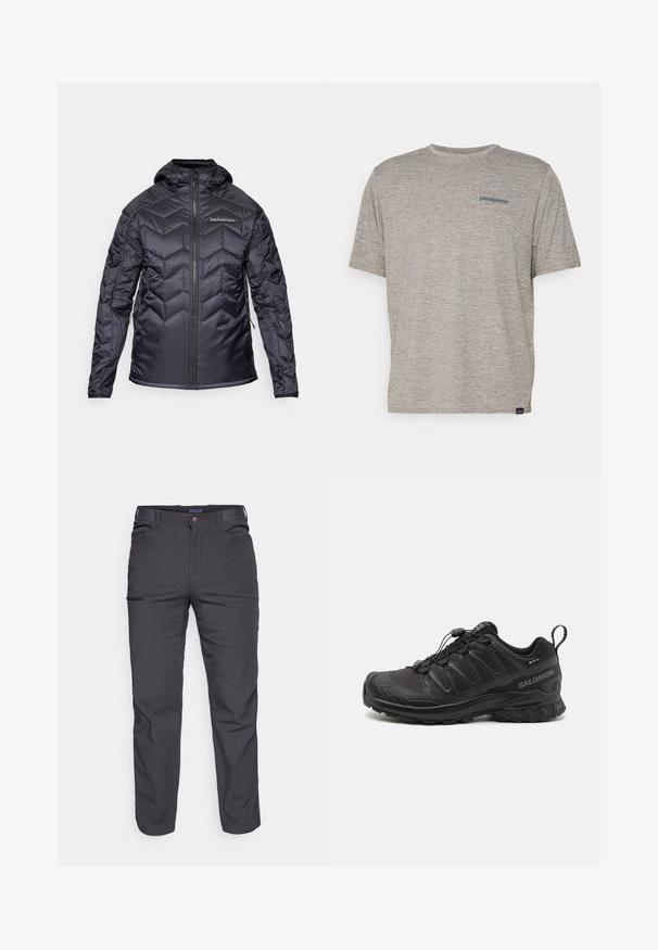 Sort isoleret jakke med et chevronmønster, lynlås foran og hætte. Har elastiske manchetter og sidelommer. Glat, blank overflade.; Grå kortærmet t-shirt lavet af blødt, struktureret stof med et lille blåt Patagonia-logo på venstre bryst. Ingen yderligere mønstre.; Mørkegrå bukser lavet af holdbart stof, med en lynlåslomme, lige snit og bæltestropper for justerbar pasform.; Sort atletik sko med en struktureret syntetisk overdel, polstret sål og et hurtiglukkesystem. Har forstærket tå og hæl.