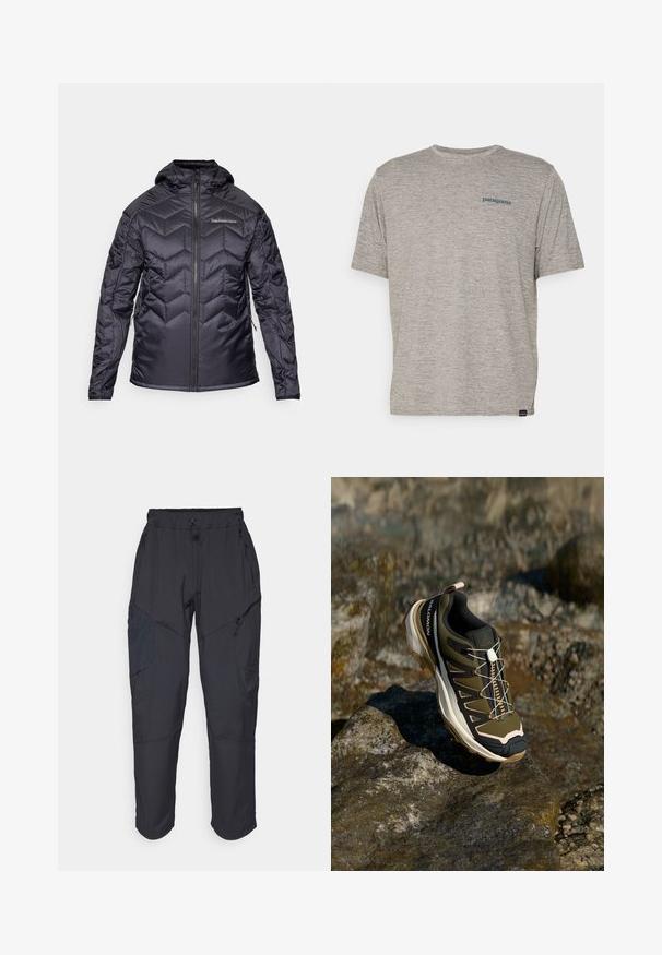 Sort isoleret jakke med et chevronmønster, lynlås foran og hætte. Har elastiske manchetter og sidelommer. Glat, blank overflade.; Grå kortærmet t-shirt lavet af blødt, struktureret stof med et lille blåt Patagonia-logo på venstre bryst. Ingen yderligere mønstre.; Sorte cargo bukser lavet af et let, vandafvisende materiale; har elastisk talje, flere lynlåslommer og tætsiddende ben.; Vandrestøvle i olivengrøn og sort med pink accenter. Har en tekstureret overdel, fleksibel sål, forstærket tåhætte og farverigt snøresystem.