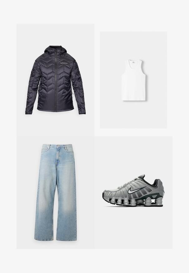 Giacca a vento nera isolata con motivo a zigzag, chiusura con zip e cappuccio. Presenta polsini elasticizzati e tasche laterali. Texture liscia e lucida.; Canotta bianca in cotone con scollatura rotonda, spalline larghe e orlo dritto, caratterizzata da una superficie liscia e senza motivi visibili.; Jeans a gamba larga di un blu chiaro realizzati in denim, con vita alta, tasche frontali e una finitura sbiadita con leggere sfumature all'altezza delle cosce.; Scarpa da corsa Nike grigia e nera con ammortizzazione visibile a molla sotto la suola e logo swoosh bianco di lato.