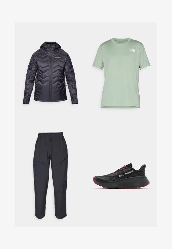 Čierna zateplená bunda s tvarovaným vzorom, so zipsom vpredu a kapucňou. Má elastické manžety a bočné vrecká. Hladká, lesklá textúra.; Svetlozelené tričko s krátkym rukávom vyrobené z mäkkej tkaniny; na hornej ľavej strane má biele logo; okrúhly výstrih.; Čierne cargo nohavice vyrobené z ľahkého, vodeodolného materiálu; obsahujú elastický pás, viaceré vrecká na zips a zúžené nohavice.; Čierna športová obuv s textúrovaným zvrškom, červenými šnúrkami a logom. Hrubá podrážka s vzorovaným dezénom pre trakciu. Minimalistický dizajn, bočný pohľad.