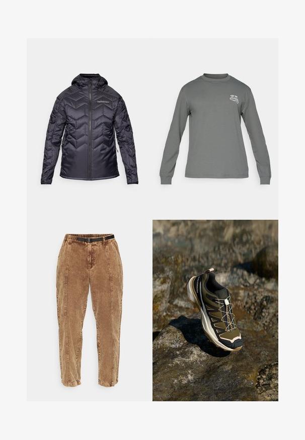 Jachetă izolată neagră cu un model în zigzag, cu fermoar frontal și glugă. Are manșete elastice și buzunare laterale. Textură netedă, lucioasă.; Cămașă cu mânecă lungă din țesătură gri, având un guler rotund și un logo grafic alb pe pieptul stâng. Textură netedă și design simplu.; Pantaloni din catifea groasă de culoare maronie, cu o suprafață texturată, având un curea ajustabilă neagră, buzunare laterale și o croială relaxată. Pantalonii se îngustează către gleznă.; Ghete de drumeție în verde măsliniu și negru cu accente roz. Caracteristici: un material texturat în partea superioară, o talpă flexibilă, o vârful întărit și un sistem de șireturi colorate.