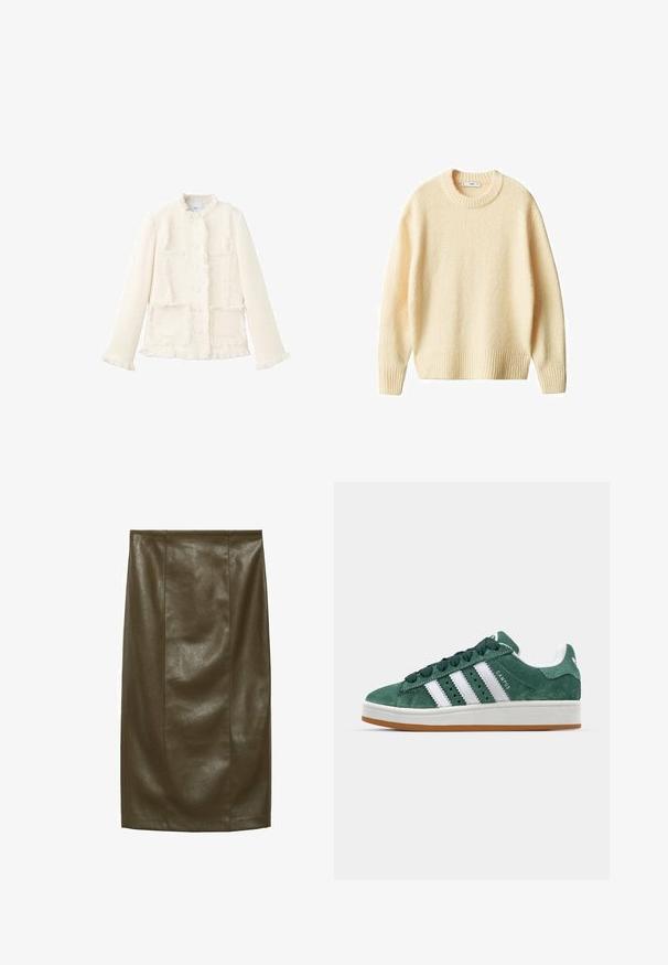 Weißer texturierter Blazer mit rundem Ausschnitt, fransigen Kanten, zwei Fronttaschen und Knopfverschluss. Hergestellt aus gewebtem Stoff.; Cremfarbener Strickpullover mit Rundhalsausschnitt, gerippten Bündchen und Saum. Weiche Textur mit leicht lockerer Passform, ausgestattet mit einem einfachen, klaren Design.; Olivenfarbene Kunstleder- Bleistiftrock mit glatter Textur, knielang, mit vertikalen Nähten für einen maßgeschneiderten Look.; Grüne Wildleder-Sneaker mit weißen Lederstreifen, Gummisohle, gepolsterter Kragen und minimalistischem Design. Mit Branding an der Seite.