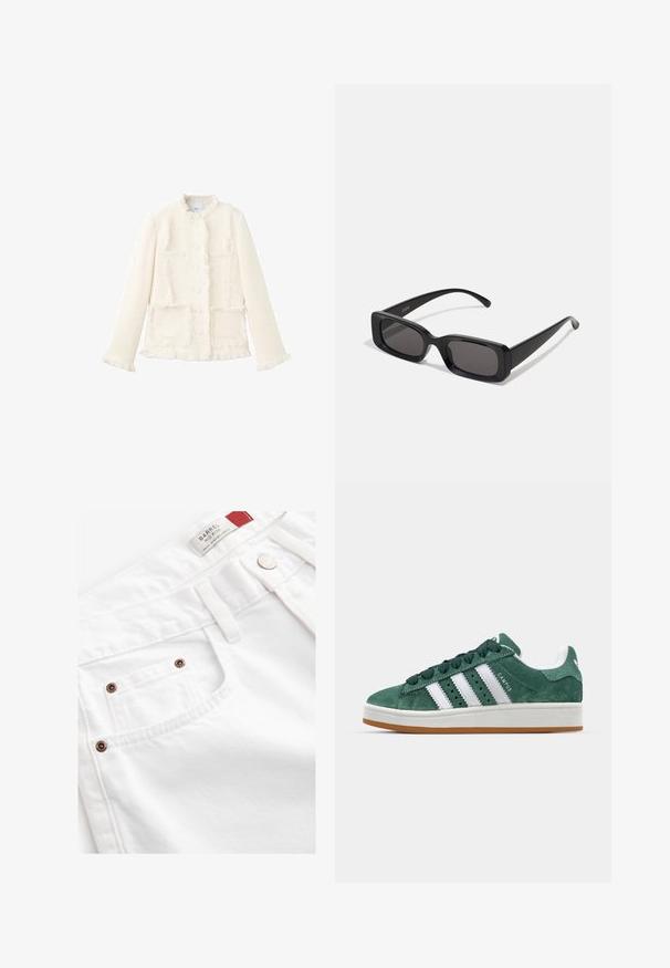 Giacca bianca testurizzata con scollo rotondo, orli sfrangiati, due tasche frontali e chiusura a bottoni. Realizzata in tessuto intrecciato.; T-shirt bianco semplice realizzato in cotone, con scollatura rotonda, maniche corte e vestibilità morbida. Texture liscia senza motivi o accenti.; Shorts in denim bianco con design a vita media, stile a cinque tasche e dettagli in metallo color rame. Tessuto testurizzato con cuciture decorative.; Sneaker in suede verde con strisce in pelle bianca, suola in gomma, collarino imbottito e design minimalista. Presenta il marchio sul lato.; Occhiali da sole neri rettangolari con lenti scure, finitura lucida, aste larghe e design della montatura spessa. Nome del marchio inciso su un'asta.