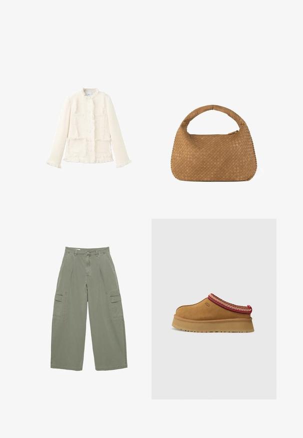 Weißer texturierter Blazer mit rundem Ausschnitt, fransigen Kanten, zwei Fronttaschen und Knopfverschluss. Hergestellt aus gewebtem Stoff.; Weißes Tanktop aus Baumwolle, mit einem schlichten Design, runder Ausschnitt und schwarzem "HUGO"-Logo in der Mitte. Glatte Textur.; Olivgrüne Cargo-Hosen mit weit geschnittenen Beinen, ausgestattet mit zwei seitlichen Taschen und einem Knopfverschluss. Aus strapazierfähigem Baumwollstoff gefertigt.; Braune Wildleder-Slipper mit rot-creamfarbenem gemusterten Besatz, strukturiertem Absatz und UGG-Logo an der Seite. Verfügt über eine leichte Plattformhöhe.; Geflochtene braune Handtasche mit einem abgerundeten Griff, aus weichem Leder gefertigt. Verfügt über einen Reißverschluss und ein filigranes Korbmuster.