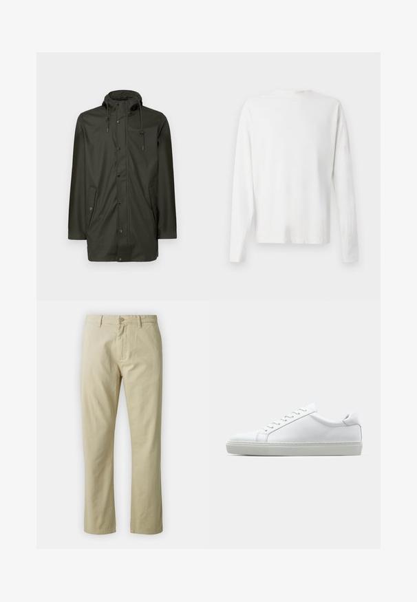 Oliven grønn vanntett jakke med hette, frontlukking med knapper, to sidelommer og justerbare snor. Glatt, lett stoff tekstur.; Langermet hvit bomullsskjorte med rund hals, sidespalter nederst og en jevn tekstur, vist fra baksiden.; Beige bomullsbukser med rett ben-design, frontlukking med knapp og beltehemper. Jevn tekstur, ingen synlige mønstre eller detaljer.; Hvit sneakers med en glatt skinnoverdel og lav profil. Har en rund tå, seks snøring hull, og en teksturert gummisåle.