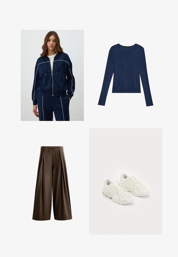 Marineblauwe zip-up hoodie van zacht materiaal, met witte piping langs de schouders en mouwen, een trekkoordcapuchon en een relaxte pasvorm.; Marineblauwe longsleeve top van zachte stof, met een ronde halslijn en platte naden langs de mouwen, in een ontspannen pasvorm.; Bruine wijde broek gemaakt van een gestructureerde stof, met een trekkoord in de taille en voorplooien.; Witte sportschoenen van mesh en synthetische materialen, vetersluiting, gevoerde kraag en een gestructureerde zool voor grip. Lichtgewicht constructie.
