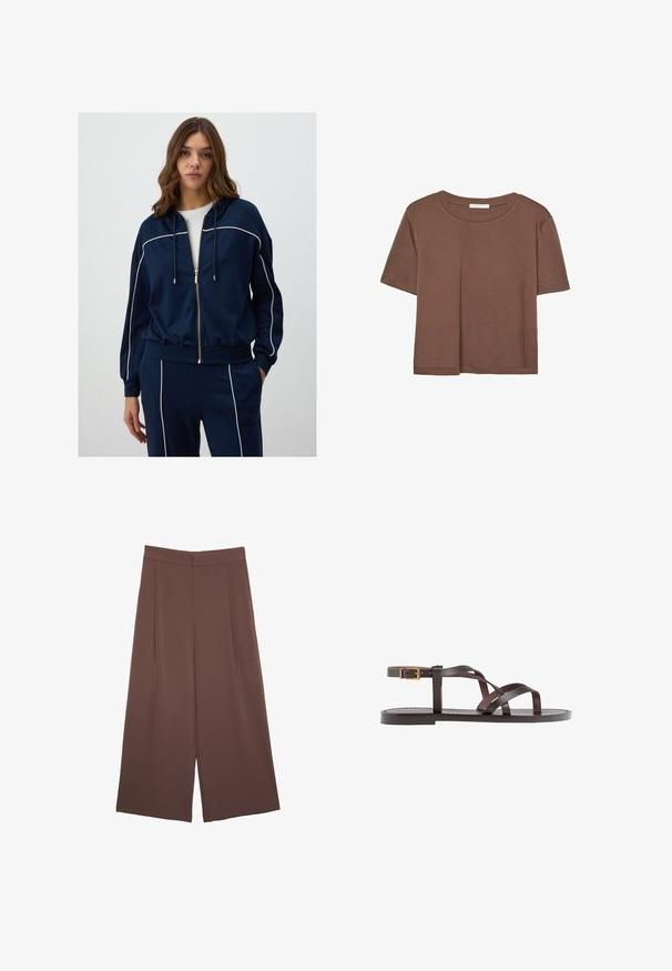 Veste à capuche zippée bleu marine en tissu doux, avec un cordon de serrage pour la capuche et une coupe décontractée, ornée de détails en piping blanc le long des épaules et des manches.; T-shirt marron à manches courtes en tissu doux, avec un col rond et une coupe décontractée. Aucun motif ni accent visible.; Pantalons larges marron avec une texture lisse, dotés d'une taille haute et de plis à l'avant. Le tissu est léger et tombe de manière fluide.; Sandale en cuir marron avec des brides entrecroisées, une fermeture à boucle à la cheville et une semelle plate avec des détails de couture minimaux.