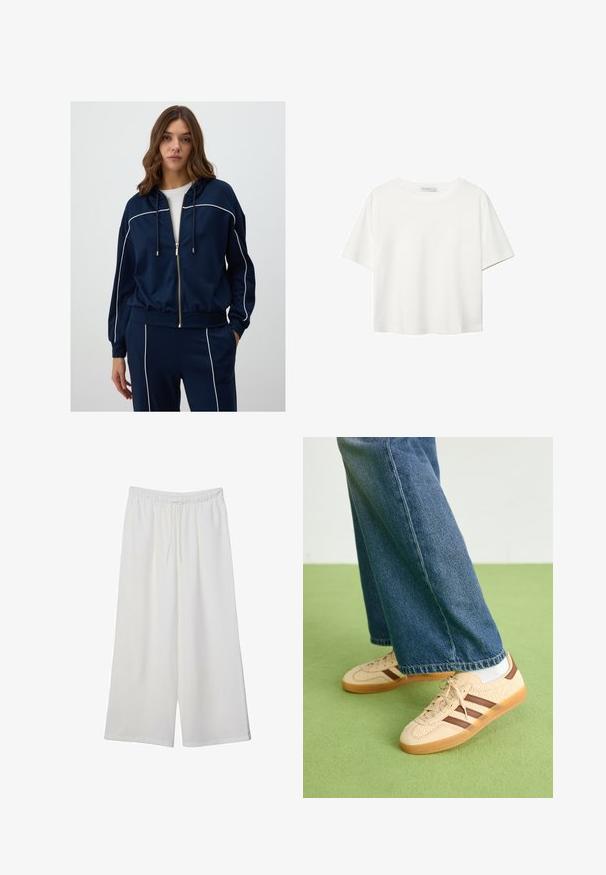 Marineblaue Zip-Hoodie aus weichem Material, mit weißen Paspeln an den Schultern und Ärmeln, verstellbarem Kapuzenzug und lässigem Schnitt.; Weißes T-Shirt mit kurzen Ärmeln aus Baumwolle. Hat einen Rundhalsausschnitt und eine lockere Passform. Glatte Textur ohne sichtbare Muster oder Akzente.; Weiße, weit geschnittene Hosen aus leichtem Stoff, mit einem elastischen Bund und einem Zugband für eine verstellbare Passform. Glatte Textur.; Beige Sneakers mit strukturierten cremefarbenen Paneelen und braunen Streifen, kombiniert mit blauen Jeans. Die Jeans haben einen weiten Beinschnitt und einen fransigen Saum.