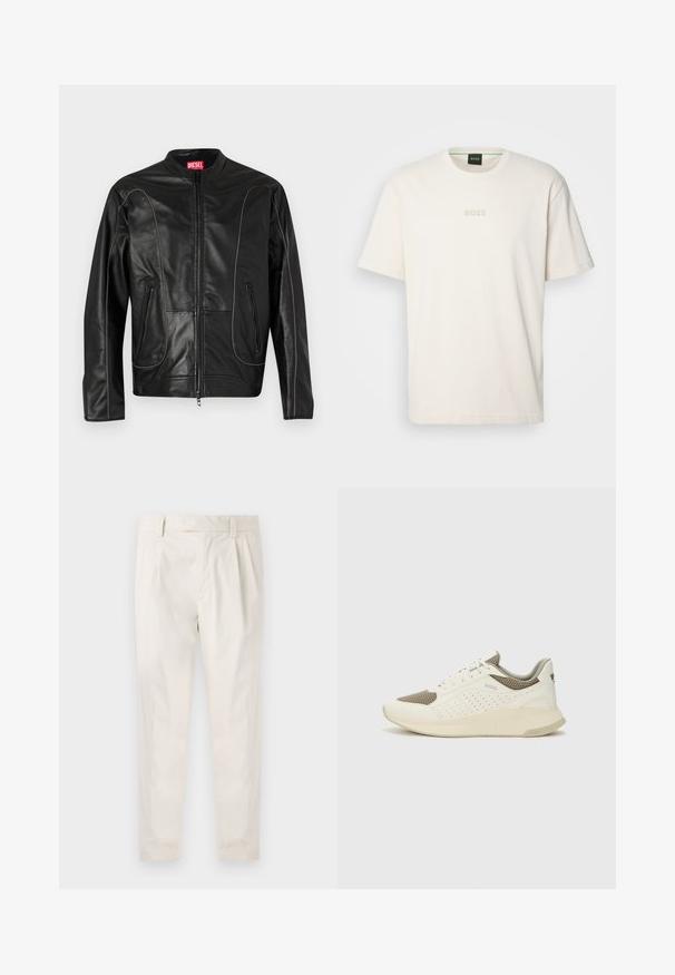Juodas odinis švarkas su iškilniu apykakle, priekyje užtrauktuku ir dviem šoninėmis užtrauktukų kišenėmis. Papuoštas lenktomis siūlėmis ir lygiu paviršiumi.; BOSS TEE - Paprasti marškinėliai - open white; Balti, susiūtos kelnes, turinčios pritaikytą siluetą, pasižyminčias lygia tekstūra, dirželio kilpomis ir siaurėjančiomis kojomis. Nėra matomų kišenių ar raštų.; Baltas ir šviesiai bežinis sportinis kedas, su tinklo viršumi, perforuotais detalėmis ir tekstūruotu tarpine su logotipu ant kulno.