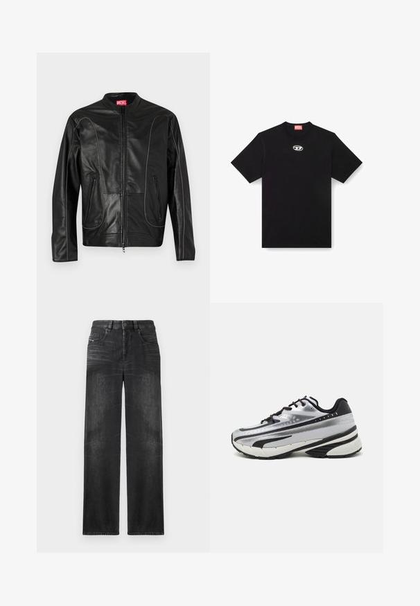 Must must nahkjakken, millel on püsti kaelus, ees lukuga sulgemine ja kaks külgmist lukuga taskut. Sellel on kumerad õmblused ja sile tekstuur.; Must have ümberkaela ja lühikeste varrukatega must puuvillane T-särk. Esiküljel on väike hõbedane logo tikandina.; Mustad sirgedega teksad, millel on viis taskut, vööst sõlmimiskohad ja õrn kulumine kangas, andes tekstuuri.; Jooksujalats, millel on hõbedane võrgust pealmine osa, mustad aktsendid ja valge tallaga. Omab tekstuurilist disaini ja musti paelu. Kerge ja pehmendusega.