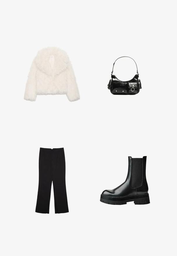 Vit konstfårjacka i kort modell med bred krage, långa ärmar och texturerad yta; har en dold framknäppning och mjukt foder.; Grå kort tröja i mjukt tyg, med avskuren axel-design, långa ballongsärmar och ribbat nederkant.; Svarta byxor med rak passform, utrustade med framfickor och sidoklyvningar vid fållen. Tillverkade av mjukt, slätt tyg. Lämpliga för olika tillfällen.; Svart läderstövel till fotleden med elastisk sidopanel, rund tå, tjock platåsula och texturerad ovandel för bättre grepp.; Svart lackläderhandväska med en rundad form, en axelrem, framfickor och detaljer i silverfärg.