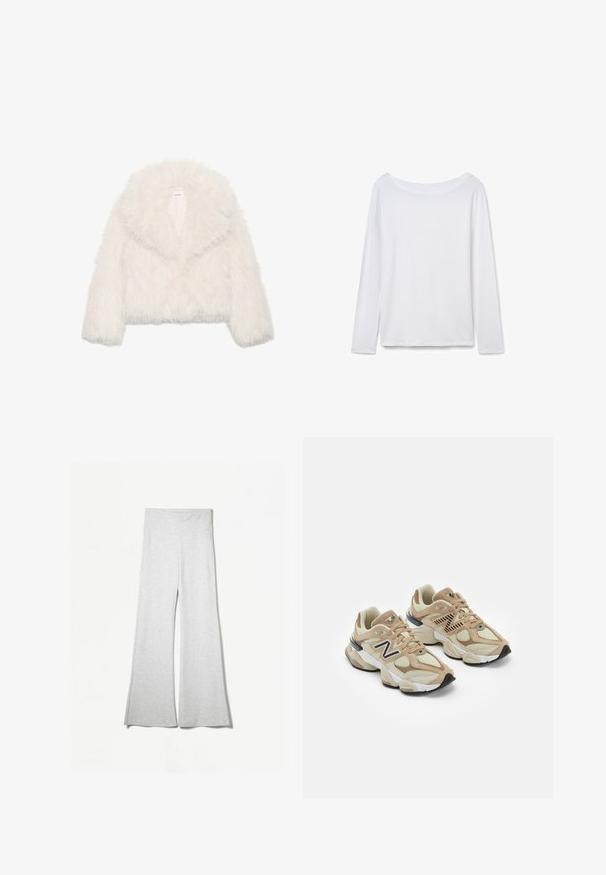 Biała kurtka z sztucznego futra, krótka, z szerokim kołnierzem, długimi rękawami i teksturowaną powierzchnią; posiada ukryte zapięcie z przodu i miękką podszewkę.; Biała koszula z długim rękawem i szerokim dekoltem, wykonana z miękkiego materiału. Gładka tekstura, proste wykończenie i brak widocznych elementów metalowych lub wzorów.; Jasnoszare szerokie spodnie wykonane z miękkiego materiału, z wysokim stanem i bocznymi rozcięciami, które zapewniają dodatkowy przepływ i komfort.; Beżowe sneakersy z siateczki i zamszu. Zawierają czarne logo i teksturowane akcenty. Gruba biała środkowa podeszwa i czarna gumowa podeszwa.