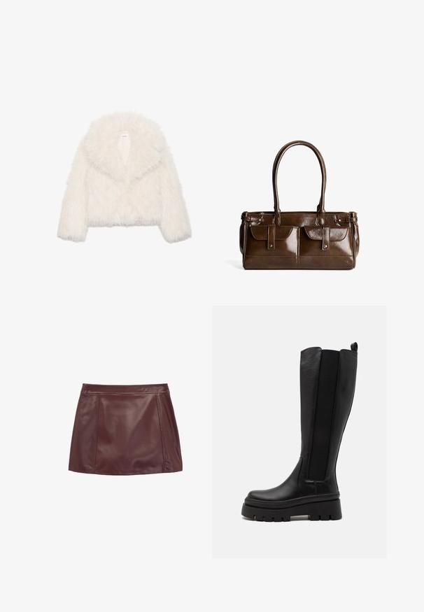Giacca cropped in pelliccia sintetica bianca con colletto ampio, maniche lunghe e superficie testurizzata; presenta una chiusura frontale nascosta e imbottitura morbida.; Maglietta bordeaux a maniche lunghe con strisce orizzontali bianche. Presenta un collo rotondo e spacchi laterali all'orlo per una vestibilità comoda.; Mini gonna in pelle bordeaux con una texture liscia, dotata di vita aderente e pannelli laterali per un design strutturato.; Stivale nero al ginocchio realizzato in pelle liscia, con pannelli laterali elastici, suola platform spessa e texture scanalata sulla base.; Borsa sintetica marrone con finitura lucida, dotata di due tasche frontali, dettagli cuciti e manici doppi per il trasporto.