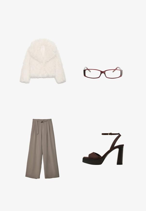 Kratka bijela jakna od umjetnog krzna s dugim rukavima i širokim ovratnikom, s mekom, pahuljastom teksturom i skraćenim krojem.; Smeđa majica kratkih rukava od mekog materijala, s okruglim izrezom i opuštenim krojem. Glatka tekstura bez uzoraka ili ukrasa.; Široke hlače u mekoj, prigušenoj sivoj tkanini, s remenom na struku i plisiranim detaljima za dodatni dizajn. Glatka tekstura, bez uzoraka.; Smeđe zamšaste sandale s visokim potpeticama, otvorenim prstima, podesivom trakicom oko gležnja i prugastom platformom.; Crvene pravokutne naočale s elegantnim dizajnom. Prozorne leće, blago prozirne drške i gradijentni efekt od crvene do sive.