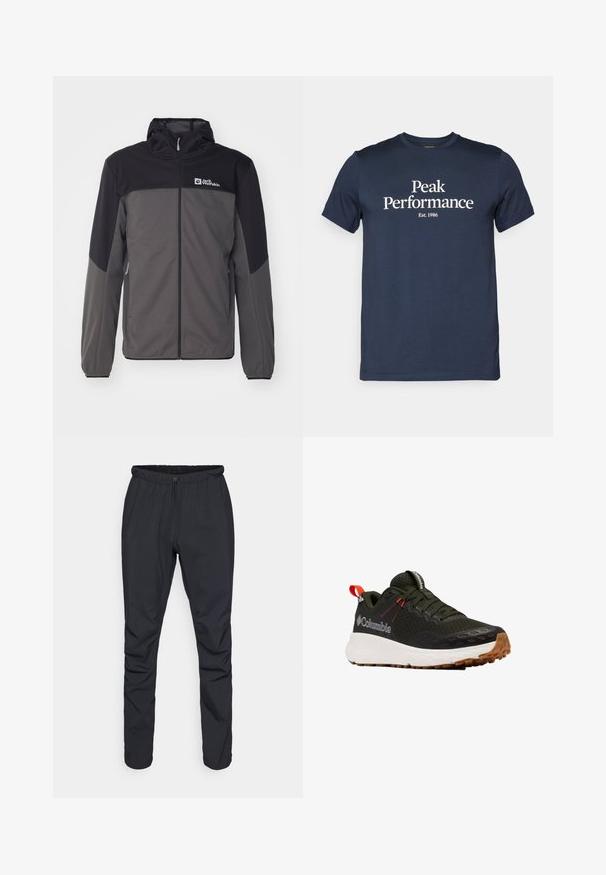 Graue und schwarze Jacke mit Kapuze, Reißverschluss, elastischen Bündchen und Seitentaschen. Mit Logo auf der Brust und glattem, leichtem Material.; Marineblaue Baumwoll-T-Shirt mit kurzen Ärmeln, mit dem weißen Text "Peak Performance" und "Est. 1986", der auf der Vorderseite zentriert ist.; Schwarze leichte Hose mit elastischem Bund, Kordelzug und schmal zulaufendem Bein. Hergestellt aus wasserabweisendem Material mit glatter Textur.; Herren-Sportschuh mit einem atmungsaktiven Obermaterial aus schwarzem und grünem Mesh, mit roten Akzenten, weißer Zwischensohle und einer strukturierten braunen Gummisohle.