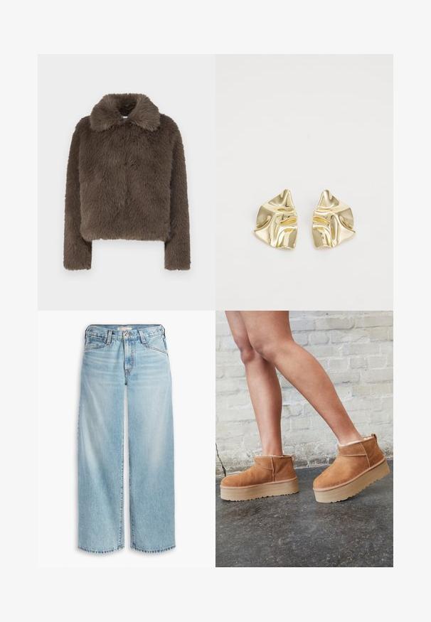 Brun faux fur cropped jakke med en myk, teksturert finish, med krage og lange ermer, designet med en moderne silhuett.; Noisy May NMSUTTON CHERRY  - Strikkegenser - light grey melange; Lyseblå vide jeans i denim, med høy midje, knappestolpe og frynset hem. Synlig søm og lommer.; Brune daim ankelstøvler med en bløt foring, tykk beige plattformsåle og en bakre trekkflik. Teksturert overflate med synlige stikningsdetaljer.; Gullmetalliske øredobber med bølgete design; glatt, reflekterende overflate; asymmetrisk form; ingen synlige mønstre eller hardware.
