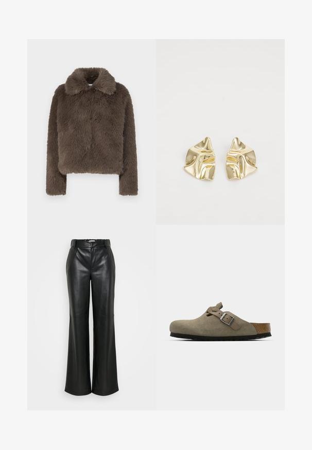 Rudas dirbtinės odos trumpa striukė su minkštu, tekstūruotu paviršiumi, turinti apykaklę ir ilgomis rankovėmis, sukurta moderniai siluetui.; Noisy May NMSUTTON CHERRY - Džemperis - light grey melange; ONLY Tall ONLSMOOTH WIDE - Kelnės - black; Šviesiai alyvuogių spalvos zomšiniai klumpės su formuotu kamštiniu ir guminiu padu. Turi šoninę diržą su metaliniu segtuku ir suapvalintu pirštu.; Auksiniai metaliniai auskarai su banginiu dizainu; glotni, atspindinti paviršių; asimetriška forma; nematomi raštai ar aparatai.