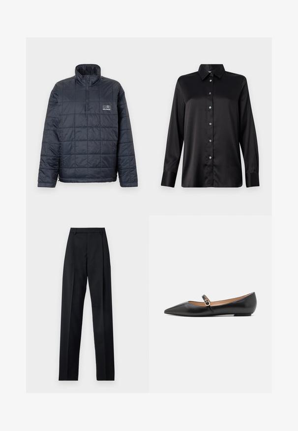 Námořnická modrá prošívaná puloverová bunda s polo zipem, vysokým límcem a bílým logem Salomon na levé hrudi.; Černá saténová košile s dlouhým rukávem a límcem, zapínání na knoflíky vpředu a manžety na jeden knoflík. Hladká textura a mírně volný střih.; Černé kalhoty vyrobené z hladké tkaniny, vybavené vysokým pasem, širokými nohavicemi, předními záhyby a klasickými poutky na opasek. Nejsou viditelné boční kapsy.; Černé kožené baleríny s špičatou špičkou a bočním páskem, který má kulatý zlatý akcent. Lehká konstrukce s plochou podrážkou.