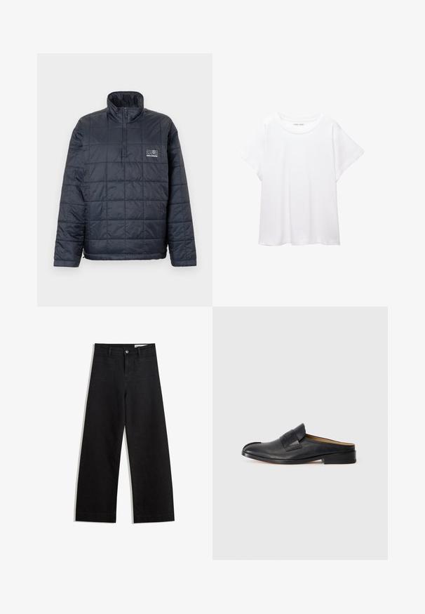 Mornarsko modra pikasta pulover jakna s pol zadrgo, visokim ovratnikom in belim logotipom Salomon na levem prsnem delu.; Bela majica s kratkimi rukavi, izdelana iz mehkega in lahkega blaga. Ima okroglo ovratnico ter kratke, široke rokave z udobnim krojem. Brez vidnih vzorcev.; Črne široke denim hlače z visokim pasom, ki imajo sprednje in zadnje žepe, šivane šive ter gumbasto zapiranje. Gladka tekstura.; Črne usnjene mule z ravnim podplatom, zaobljenim nosom in širokim trakom čez zgornji del, ki vsebuje subtilno blagovno znamko in detajle šivanja.