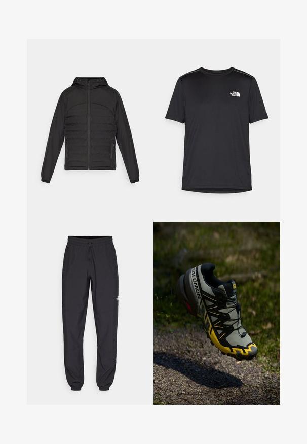 Mustvalge puffer-jakk kapuutsiga, millel on lukuga esiosa, küljetaskud ja tekstureeritud tikandimuster kehal ja varrukatel.; Must mustaöödiga must T-särk, mis on valmistatud kerge riidekanga. Esiküljel on vasakul rinnal väike valge logo ning õlgadel on peened aktsendid.; Mustavad sportlikud püksid, mis on valmistatud kergest kangast, joonlauaga taljest, küljetaskudega ja kitsenevate varrukatega pahkluude juures.; Salomoni matma jooksmise kingad tuhmi halli värviga ja erksate kollaste aktsentidega. Omab tekstuuri, kindlat sidumis süsteemi ja polsterdatud krae.