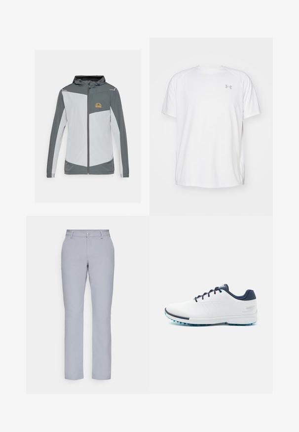 Sportinė striukė pilkos ir šviesiai pilkos spalvos, su užtrauktuku priekyje, kapišonu ir krūtine kišenę su geltonu logotipu, pagaminta iš lengvos medžiagos.; Balta trumpa rankovėmis sportinė marškinėliai, pagaminti iš lygaus audinio. Yra apvalus kaklas ir pilkas logotipas kairėje krūtinės pusėje, o apatinėje dalyje yra šoninės plyšiai.; Šviesiai pilkos kelnes su tiesiu kirpimu, mygtuko uždarymu, priekinėmis kišenėmis ir lygia, tekstūruota medžiaga. Minimalistinis dizainas, be raštų.; Balti sportiniai bateliai su lygiu sintetinės medžiagos paviršiumi, mėlynais akcentais, tekstūruotu tamsiai mėlynu kulnu ir lengvu, adatiniu padu geresniam sukibimui.