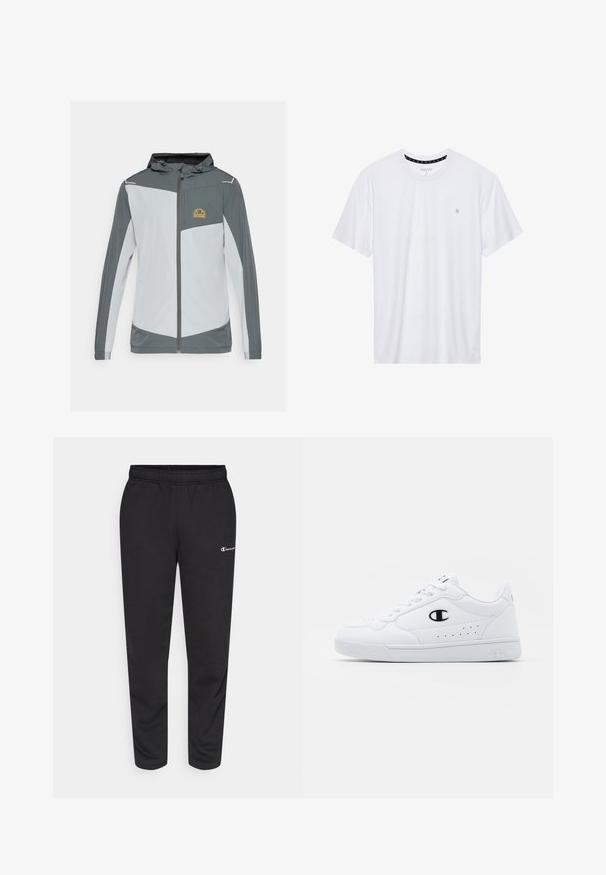 Sportski sako u sivoj i svijetlosivoj boji s patentnim zatvaračem sprijeda, kapuljačom i džepom na prsima s ljubičastim logom, izrađen od laganog materijala.; Bijela majica s okruglim izrezom, izrađena od pamuka, s kratkim rukavima i malim logotipom izvezenim na lijevoj strani prsnog područja. Meka tekstura.; Crne trenirke od mješavine pamuka, s elastičnom pasicom i malim bijelim logom s lijeve strane. Uže dizajn nogavica.; Bijele atletske tenisice s glatkim sintetičkim gornjištem, crnim logotipom i perforiranim detaljima sa strane. Guma potplat.