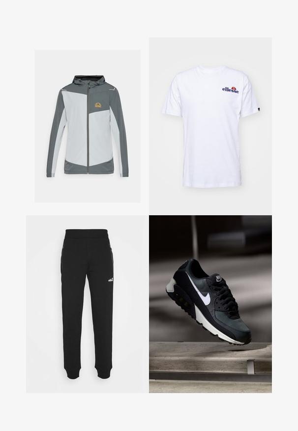 Hall jacket hall-pruun ja heledat halli, millel on lukuga eesmine osa, kapuuts ja rinna tasku, kus on kollane logo. Valmistatud kergest kangast.; Valge puuvillane t-särk lühikeste varrukatega, millel on vasakus rinnas tumesinine broderi logo ning logo kohal erksavärviline aktsent.; Mustad mustadest kangast valmistatud dressipüksid, millel on kitsenev jalgade disain, elastne vöökoht, küljetaskud tõmblukuga ning väike logo aksessuaar.; Must must ja rohelised tossud, millel on mustriline võrgu pealmine osa, valge Swoosh-logo, pehmendatud krae ja nähtav õhutusüksus tallas.