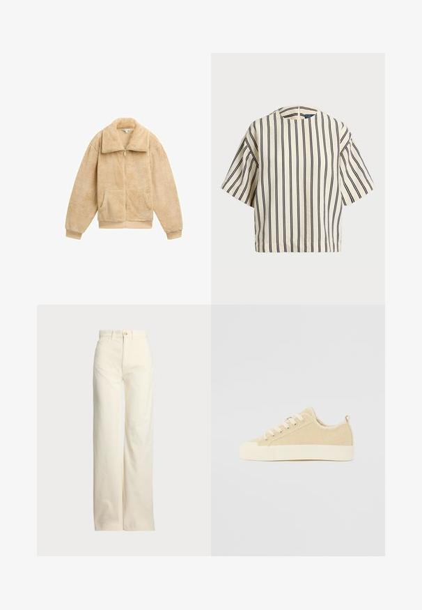 Chaqueta de forro polar beige con cremallera frontal, gran cuello y dos bolsillos delanteros. Los puños y el dobladillo son de canalé, ofreciendo una apariencia texturizada y suave.; Top de manga corta a rayas en crema y azul marino, con cuello redondo y un diseño cuadrado, confeccionado en una tela texturizada.; Polo Ralph Lauren COTTON CORDUROY WIDE-LEG PANT - Pantalones - warm white; Zapatilla de lona beige con una superficie texturizada, puntera redonda y suela de goma crema. Presenta un diseño con cordones y un forro suave.