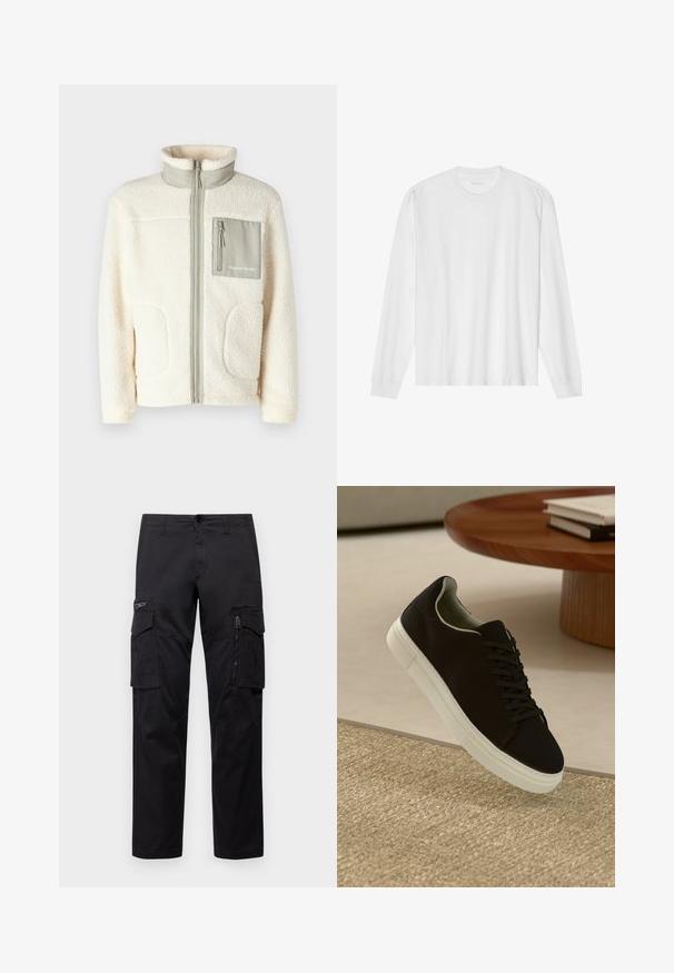 Fleecejacka i krämfärg med hög krage, framdragkedja, två fickor med lock och en liten grå bröstficka med logodetalj.; Vit långärmad t-shirt i bomull med rundad hals och ribbade ärmslut. Enkelt, odekorerat mönster med slät yta och standard passform.; Svarta cargobyxor med flera fickor, en blixtlåsficka på låret, rak passform och slitstigt bomullstyg med lätt glans.; Svart sneakers med vit sula svävande över en beige texturerad matta nära ett runt träbord med staplade böcker.