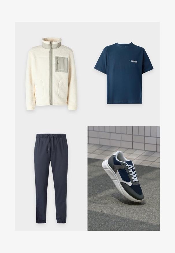 Béžová fleecová bunda s vysokým límcem, předním zipem, dvěma náprsními kapsami a malou šedou kapsičkou na prsou s logem.; Námořnická modrá bavlněná tričko s krátkým rukávem a kulatým výstřihem. Obsahuje malé bílé logo na levé části hrudi. Měkká textura.; Námořnické zúžené jogger kalhoty s elastickým pasem, stahovací šňůrkou a elastickými manžetami, vyrobené z hladkého, lehkého materiálu.; Tenisky s horní částí z námornicky modré síťoviny, šedými semišovými akcenty, bílou gumovou podrážkou a plochými bílými tkaničkami, navržené pro pohodlí a prodyšnost.