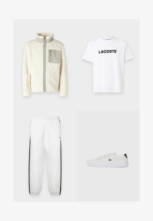 Fleecejacke in Creme mit hohem Kragen, Vorderreißverschluss, zwei aufgesetzten Taschen und einer kleinen grauen Brusttasche mit Logodetail.; Weißes Baumwoll-T-Shirt mit einem auffälligen schwarzen "LACOSTE"-Logo auf der Brust. Kurzärmlig und mit Rundhalsausschnitt.; Weiße Trainingshose mit dunkelgrünen Seiteneinsätzen. Leichtes Material, elastischer Bund und gerippte Säume. Mit Netzstruktur an den Seiteneinsätzen.; Weiße Leder-Sneaker mit runder Spitze, Schnürung und schwarzem Fersenakzent. Verfügt über ein kleines gesticktes Krokodillogo an der Seite.