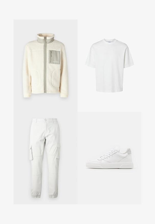 Giacca in pile crema con colletto alto, zip frontale, due tasche a toppa e una piccola tasca sul petto grigia con dettaglio del logo.; T-shirt bianco in cotone con maniche corte, scollo rotondo e vestibilità rilassata. Texture liscia senza pattern o dettagli visibili.; Pantaloni cargo grigio chiaro con tasche laterali, polsini elasticizzati e chiusura a bottone. Realizzati in tessuto resistente con una texture liscia.; Sneaker bianche in pelle con finitura liscia, punta arrotondata, lacci piatti e suola texturizzata. Accento in suede grigio sul tallone.