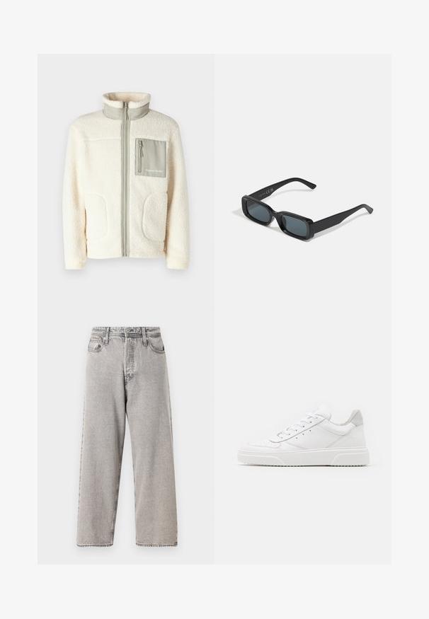 Krémová fleecová bunda s vysokým golierom, predným zipsom, dvoma našitými vreckami a malým sivým vreckom na hrudi s detailom loga.; Biele bavlnené tričko s krátkymi rukávmi, okrúhlym výstrihom a červeným grafickým textom "CHUTNÉ OSVIEŽUJÚCE OVOCIE" na prednej strane.; Široké šedé džínsy z denimu s vyblednutou úpravou, piatimi vreckami, pútkami na opasok a kontrastným prešívaním. Hladká textúra a rovný strih.; Biele kožené tenisky s hladkým povrchom, zaoblenou špičkou, plochými šnúrkami a textúrovanou podrážkou. Sivý semišový akcent na päte.; Čierne obdĺžnikové slnečné okuliare s tmavými sklami. Lesklý rám, rovné ramená s miernym zakrivením. Minimalistický dizajn, bez ozdôb.