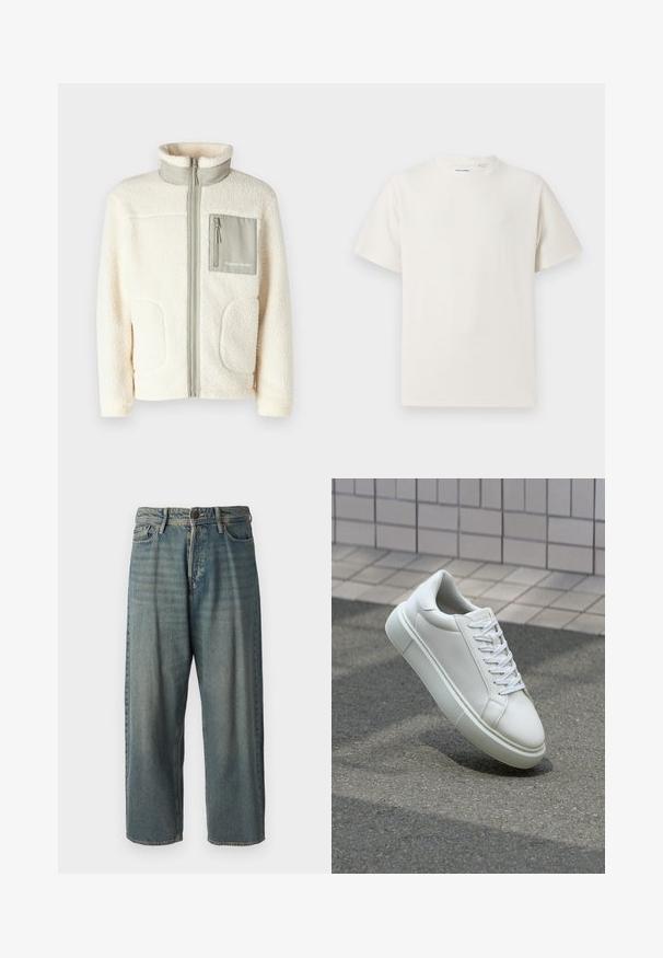 Kremkrāsas flīsa jaka ar augstu apkakli, priekšpuses rāvējslēdzēju, divām kabatām un mazu pelēku krūšu kabatu ar logotipa detaļu.; Balta krūštura īsām piedurknēm ar ribota auduma faktūru. Apaļš kakla izgriezums, brīvs griezums, bez redzamām rakstām vai akcentiem. Vienkāršs un daudzpusīgs dizains.; Gaiši zili džinsi ar brīvu piegriezumu, vidējo jostas augstumu un taisnām kājām. Satur piecas kabatas, jostas cilpas un pogu aizdari.; Baltas ādas sporta apavi ar gludu virsmu, apaļu pirkstu un plakanām baltām šņorēm. Iezīmējas ar strukturētu gumijas zoli un minimālisma dizaina elementiem.