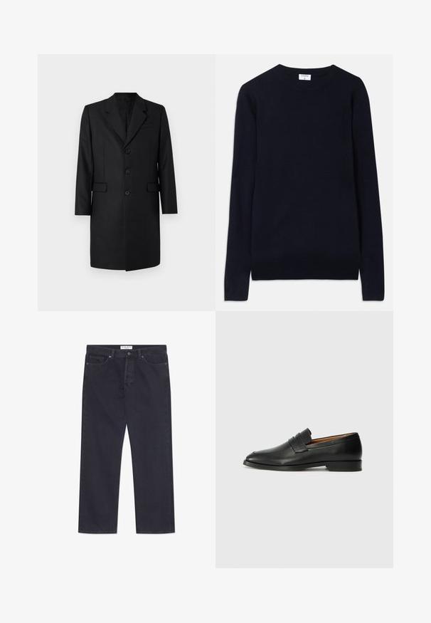 Čierny strihaný kabát s klopovým golierom, dvoma prednými vreckami, jednoradovým zapínaním a tromi gombíkmi. Hladká tkanina s prémiovým povrchom.; Námornícky modrý sveter s okrúhlym výstrihom vyrobený z mäkkej látky, s dlhými rukávmi a rebrovaným detailom na golieri a leme. Čistý, minimalistický dizajn.; Tmavomodré denimové nohavice so strihom rovného noha, piatimi vreckami a klasickým zapínaním na gombík a zips. Obsahujú kontrastnú niť.; Čierne kožené mokasíny s okrúhlou špičkou, jemným prešitím a nízkym podpätkom, s hladkou textúrou a minimalistickým dizajnom.