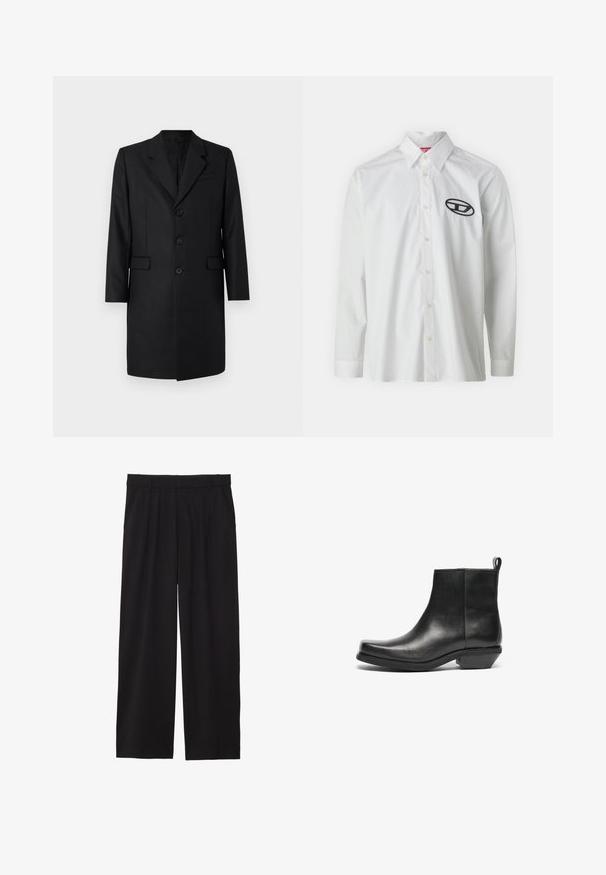 Palton negru croit pe măsură, cu guler de tip notch, două buzunare frontale, design cu un singur rând de nasturi și trei nasturi. Material neted cu un finisaj de calitate superioară.; Cămașă albă cu mânecă lungă, din bumbac, având un guler tips butonat și un logo brodat negru în zona stângă a pieptului.; Pantaloni negri largi, cu un front plisat, buzunare laterale și o textură de țesătură netedă. Concepuți pentru o croială relaxată.; Boots din piele neagră până la gleznă, cu vârf îngust și toc mic pătrat. Design elegant, cu o textură fină și laț pentru o purtare ușoară.