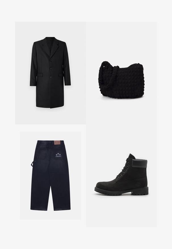 Zwart op maat gemaakte jas met een notch-revers, twee voorkanten zakken, een enkelsluiter ontwerp en drie knopen. Glad materiaal met een premium afwerking.; Twee kortemouw t-shirts, één wit en één zwart, met een hooghals ontwerp gemaakt van zachte katoen.; Donkerdenim broek met een losse pasvorm. Bevat twee achterzakken, een leren label met logo en een vijf-sterren ontwerp op één zak.; Zwarte enkellaars met vetersluiting, voorzien van een gevoerde kraag en een robuuste zool, weergegeven in profiel tegen een witte achtergrond.; Zwarte stoffen tas met een gestructureerd, gewatteerd patroon. Rondvormig, korte, dikke handvatten en een zachte, flexibele structuur.