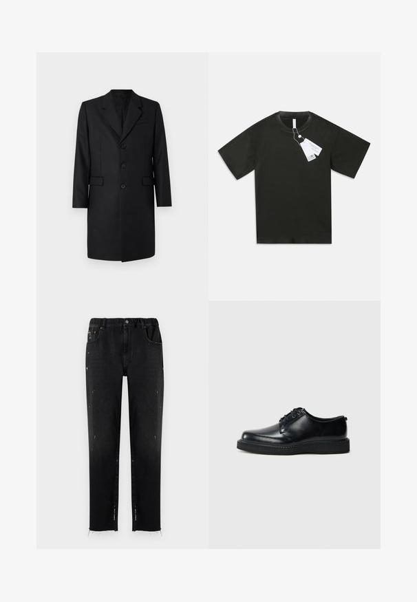 Čierny strihaný kabát s klopovým golierom, dvoma prednými vreckami, jednoradovým zapínaním a tromi gombíkmi. Hladká tkanina s prémiovým povrchom.; Čierne krátke rukávy bavlnené tričko s okrúhlym výstrihom a pripevnenými bielymi produktovými štítkami visiaci z goliera na jednoduchom bielom pozadí.; Čierne džínsy vyrobené z denimu s elastickým pásom, rovný strih, so zničenými detailmi a roztrhnutým lemom. Obsahujú vrecká a zapínanie na gombík.; Čierne kožené šnurovacie topánky s okrúhlou špičkou, hladkým povrchom a textúrovanou čiernou gumovou podrážkou. Minimalistický dizajn bez viditeľných vzorov.