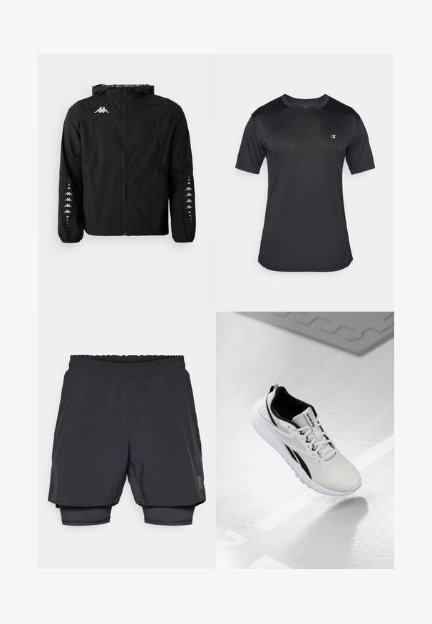 Melns viegls jaciņš, izgatavots no neilona, ar rāvējslēdzēju priekšpusē, kapuci un elastīgiem piedurkņu galiem. Uz krūtīm ir logo un uz piedurknēm ir rakstainas akcentu detaļas.; Melna īsām piedurknēm sporta krekls, izgatavots no tekstūras, elpojoša auduma; ar apaļu kakla izgriezumu un logotipu uz kreisā krūšu.; Melnas sporta šortus ar elastīgu jostasvietu, slāņotu dizainu un pieguļošu iekšējo oderi. Ar vieglu logotipu apakšējā pusē.; Gaišpelēka sporta apava ar melniem akcentiem, strukturēta sieta augšdaļa, mīkstināta zole un auklu aizdare. Iekļauj papēža vilkšanas cilpu.