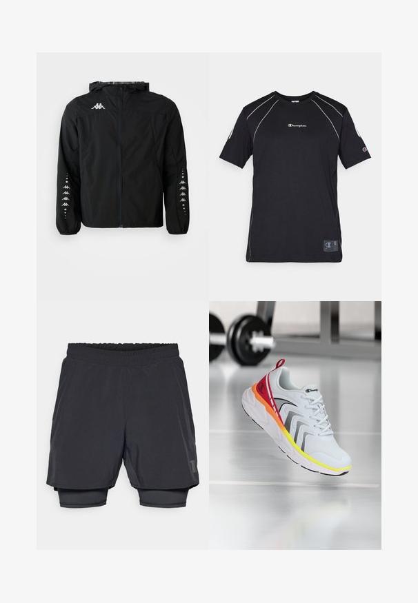 Černá lehká bunda vyrobená z nylonu, s předním zipem, kapucí a elastickými manžetami. Obsahuje logo na hrudi a vzorové akcenty na rukávech.; Černé bavlněné tričko s krátkým rukávem, s bílým kontrastním šitím a malým logem Champion na přední straně. Flexibilní, ležérní design.; Černé sportovní šortky s elastickým pasem, vrstveným designem a přiléhavou vnitřní podšívkou. Obsahují decentní logo na spodní straně.; Bílé atletické boty s síťovaným svrškem, barevnými akcenty v červené, oranžové a žluté barvě, s texturovanou podrážkou a černými detaily.