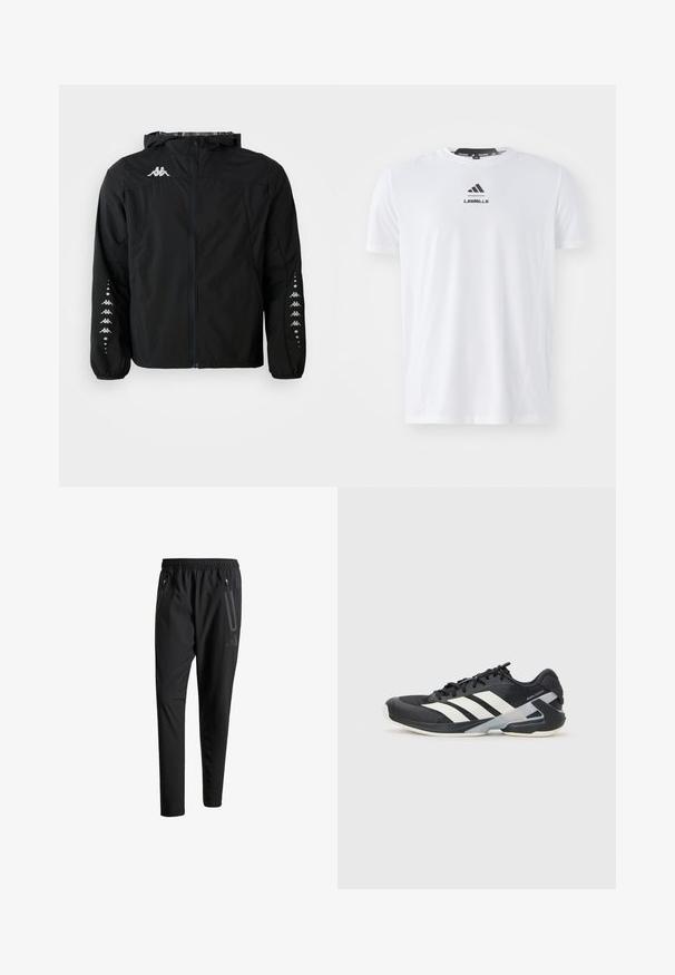 Schwarze, leichte Jacke aus Nylon mit Reißverschluss vorne, Kapuze und elastischen Bündchen. Mit einem Logo auf der Brust und gemusterten Akzenten an den Ärmeln.; Weißes Sport-T-Shirt aus leichtem Stoff. Mit Rundhalsausschnitt, kurzen Ärmeln und schwarzem "LES MILLS"-Logo auf der Vorderseite.; Schwarze Sporthose mit elastischem Bund, zwei Reißverschlusstaschen an den Seiten, schmal zulaufenden Beinen und einem dezenten Logo-Detail an der Hüfte.; Schwarzer Sportschuh mit weißen Streifen, Obermaterial aus Mesh, runde Zehenform und gepolstertem Sohlenteil. Verfügt über eine strukturierte Ferse und ein sicheres Schnürsystem.