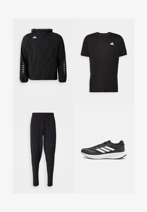 Melns viegls jaciņš, izgatavots no neilona, ar rāvējslēdzēju priekšpusē, kapuci un elastīgiem piedurkņu galiem. Uz krūtīm ir logo un uz piedurknēm ir rakstainas akcentu detaļas.; Melna kokvilnas t-krekls ar īsām piedurknēm, apaļu dekoltē un balto logo uz kreisā krūts. Gluda tekstūra un vienkāršs dizains.; Melni sporta bikses ar elastīgu jostasvietu, sašaurinātu dizainu, sānu kabatām un smalku logo akcentu. Izgatavotas no elastīga, elpojoša auduma.; Melnas sporta kurpes ar elpojošu acs augšu, baltām akcentiem un mīkstu zoli. Sānā ir trīs svītru logo.