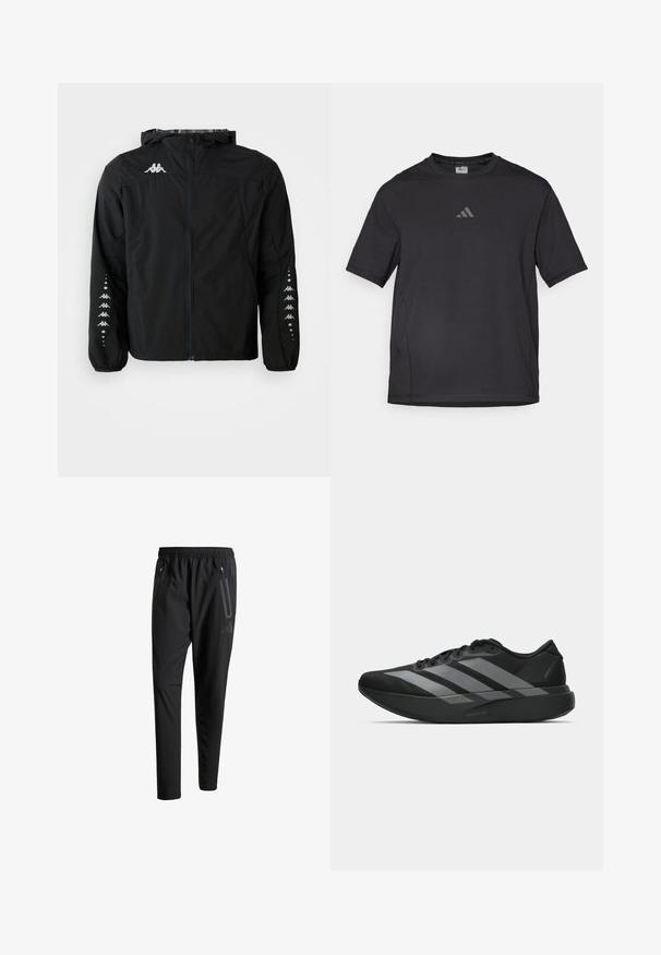 Zwarte lichtgewicht jacket van nylon met een rits aan de voorkant, capuchon en elastische manchetten. Beschikt over een logo op de borst en een gemusterde accentuering op de mouwen.; Zwart sport t-shirt van ademend materiaal, met korte mouwen, een ronde hals en een reflecterende logo op de borst.; Zwarte sportbroeken met een elastische tailleband, twee ritszakken aan de zijkant, taps toelopende pijpen en een subtiele logo-detail op de heup.; Zwarte sportieve schoenen met een lichtgewicht ontwerp, voorzien van drie opvallende grijze strepen, een gladde textuur en een gevormde zool.