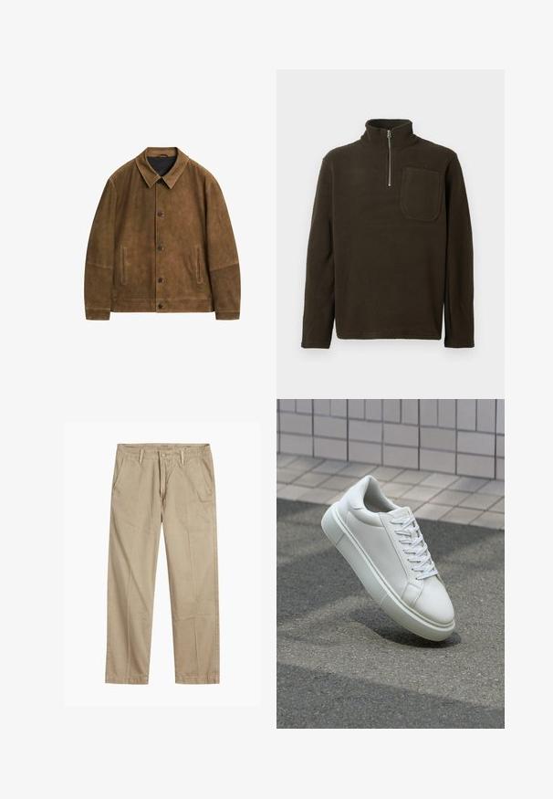 Bruine suède jas met een kraag, sluiting met knopen aan de voorkant en twee zijzakken. Kenmerkt zich door een gladde textuur en een minimalistisch ontwerp.; Bruine fleece pullover met een hoge kraag, halve rits en een borstzak. Zachte textuur en een relaxte pasvorm, met lange mouwen.; Beige rechte pijpen chinos met riemlussen, voorkant met knoop en rits sluiting, en schuine voorzakken.; Witte leren sneaker met een glad oppervlak, ronde neus en platte witte veters. Voorzien van een gestructureerde rubberen zool en minimale ontwerpelementen.