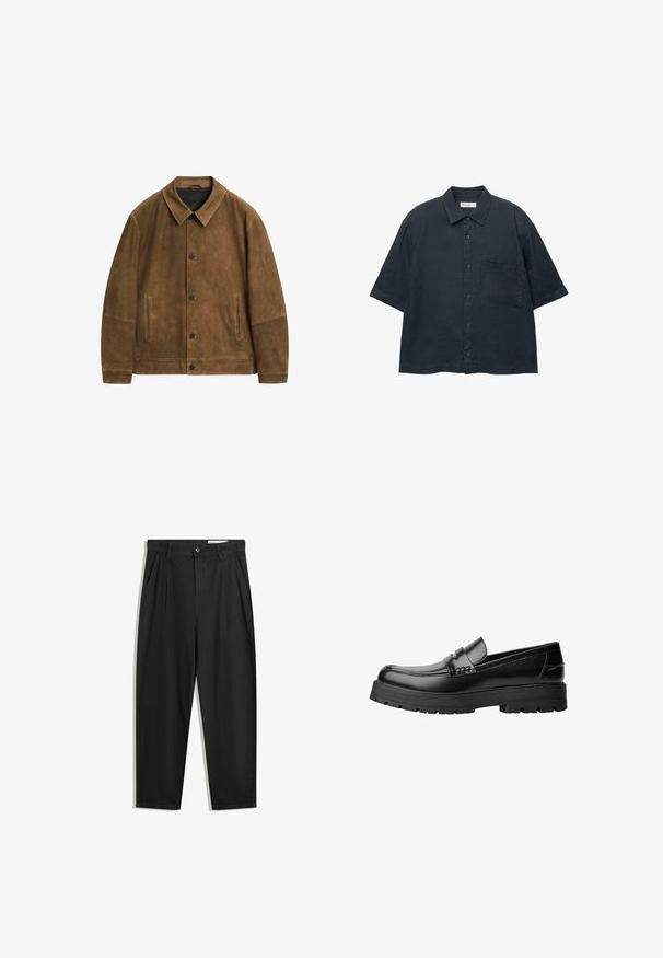 Bruine suède jas met een kraag, sluiting met knopen aan de voorkant en twee zijzakken. Kenmerkt zich door een gladde textuur en een minimalistisch ontwerp.; Donkerblauwe kortekapas button-up shirt van lichtgewicht stof, met een borstzak en een klassiek kraagontwerp.; Zwarte katoenen broeken met een losse pasvorm, voorzien van een klassieke tailleband, voorplooien en zijzakken. Gladde structuur zonder patronen.; Zwarte leren loafer met een chunky profielzool en een decoratieve band over de bovenkant, weergegeven in het linkerzijprofiel op een witte achtergrond.