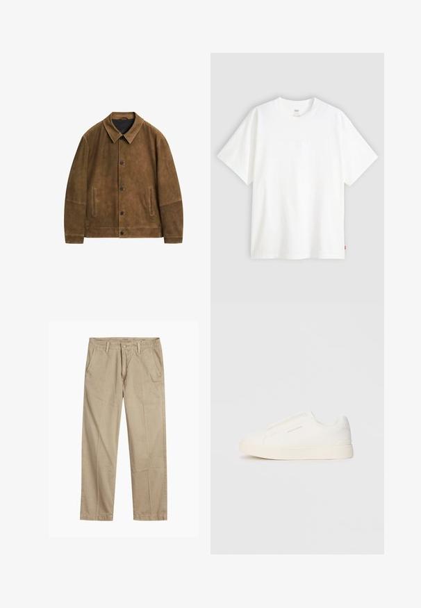 Brun ruskindsjakke med krave, frontknaplukning og to sidelommer. Har en glat tekstur og minimalistisk design.; Hvid kortærmet t-shirt i bomuld med rund hals. Har diskret præget logo-detalje på forsiden og et rødt mærke i kanten.; Beige lige ben chinos med bæltestropper, frontknap og lynlås lukning samt skrå frontlommer.; Hvide slip-on sneakers med en struktureret overflade, en tyk sål og et minimalistisk design. Har brandlogoet på siden.