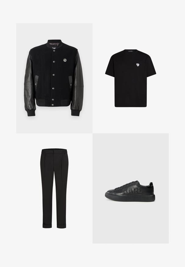 Čierna univerzitná bunda s vlneným telom a koženými rukávmi. Obsahuje cvoky, dve bočné vrecká a nášivku s logom na hrudi.; Čierne bavlnené tričko s krátkymi rukávmi, okrúhlym výstrihom a malou bielou srdiečkovou grafikou na ľavej hrudi.; Čierne nohavice s elastickým pásom, s rovnými nohavicami a prehnutými manžetami. Vyrobené z hladkej tkaniny bez vzorov.; Čierne tenisky vyrobené z hladkej kože, so silnou rýhovanou podrážkou a embosovaným názvom značky. Klasický dizajn na šnurovanie s okrúhlymi očkami.